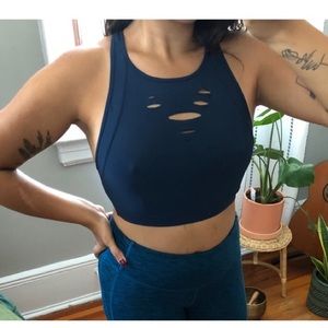 ALO YOGA RIPPED WARRIOR BRA IN NAVY